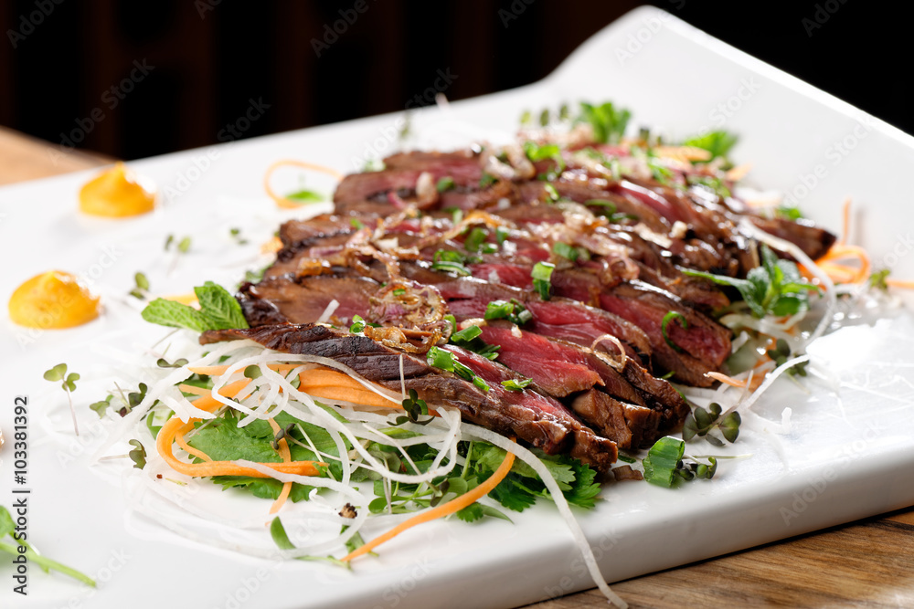 grilled Kobe Miyazaky beef with fresh vegetables grilled Kobe Miyazaky beef with fresh vegetables