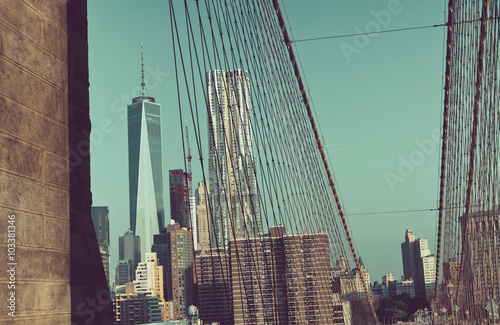 Manhattan Skyline from Brooklyn Bridge in NYC