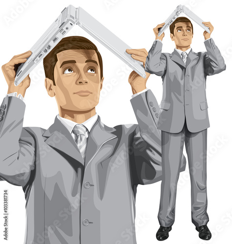 Vector Business Man Hides Under The Laptop
