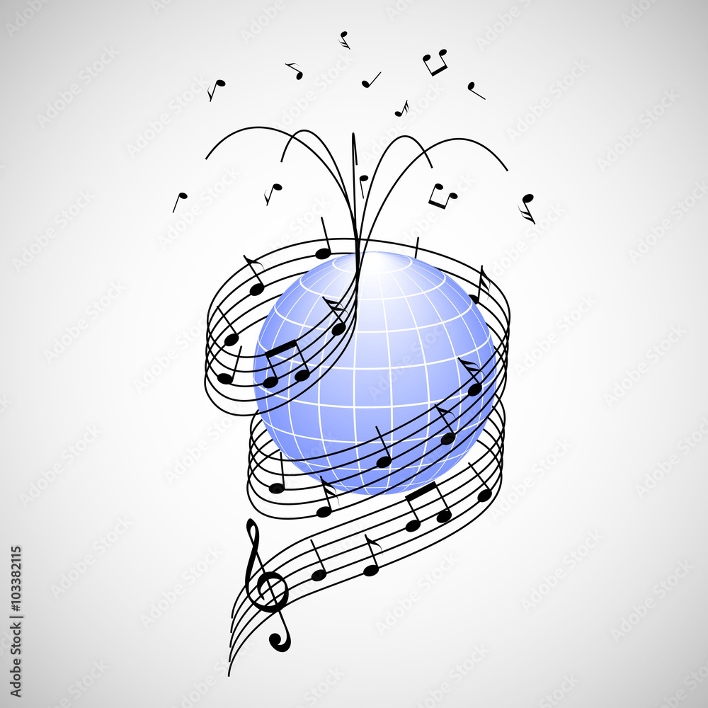 Music around the world. stave and notes like ribbon wrapped around the earth