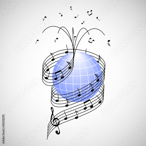 Music around the world. stave and notes like ribbon wrapped around the earth