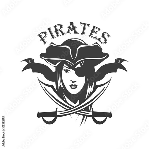 Pirate woman and crossed sabers badge, logo. Vector illustration