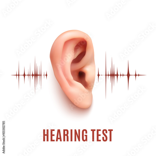 Hearing test. Ear on white background.