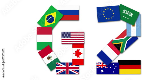 Animation of the flags of the worlds leading twenty economies G20 organization. Panning. Unique design. photo