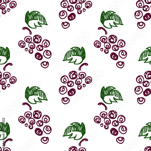Seamless fruits vector pattern, bright background with close up grape on the white backdrop. Hand sketch drawing. Imitation of ink drawing. Series of Fruits and Hand Drawn Patterns.
