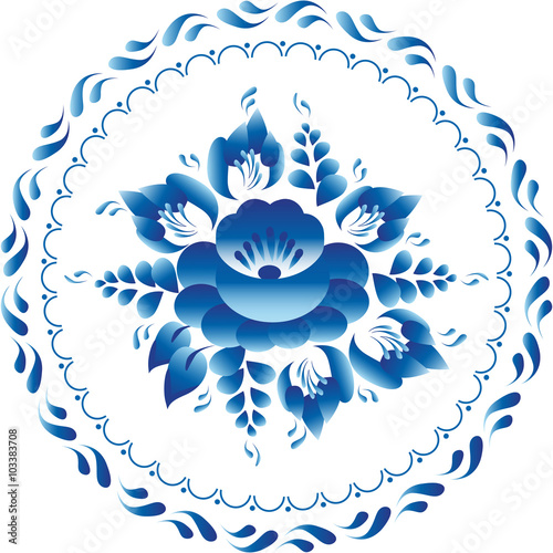 White and blue ornament flowers traditional russian style Gzhel  circle vector