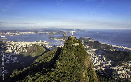 Aerial wide angle view of Rio de Janeiro and Botafogo Bay