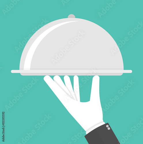 Silver cloche in hand concept. Hand holding or carrying silver serving platter with cover. Flat style
