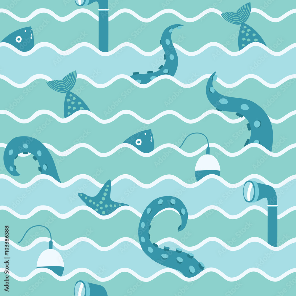 Marine Life In Wave Seamless Background Marine Life In Wave Seamless Background