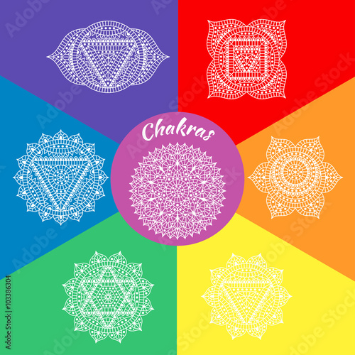 Set of seven chakras. Oriental ornaments for henna tattoo and for your design. Buddhism decorative elements. Vector illustration.