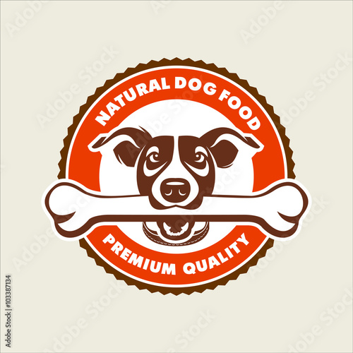 Dog with a bone in her teeth, vector logo. The kennel club. Fodd
