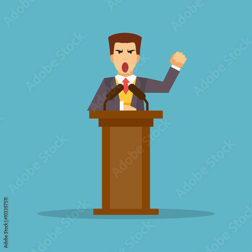 The speaker stands behind the podium. Vector illustration