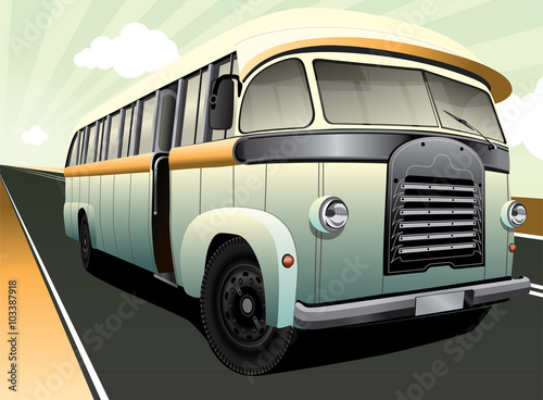 Digital illustration of a vintage bus in retro colours