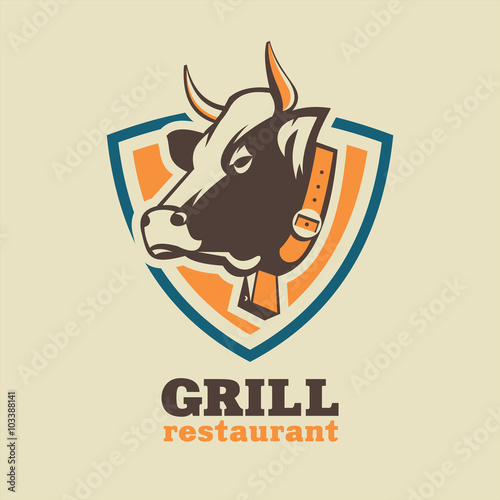 Restaurant, grill, beef dishes. Vector logo with a picture of a