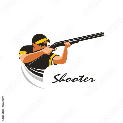 Shooter. Shooting from a gun on plates mark, logo. Vector Illust