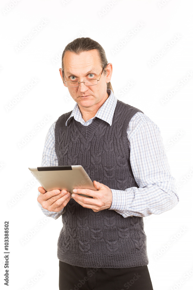 Handsome man with the tablet manager. White background. Handsome man with the tablet manager. White background.
