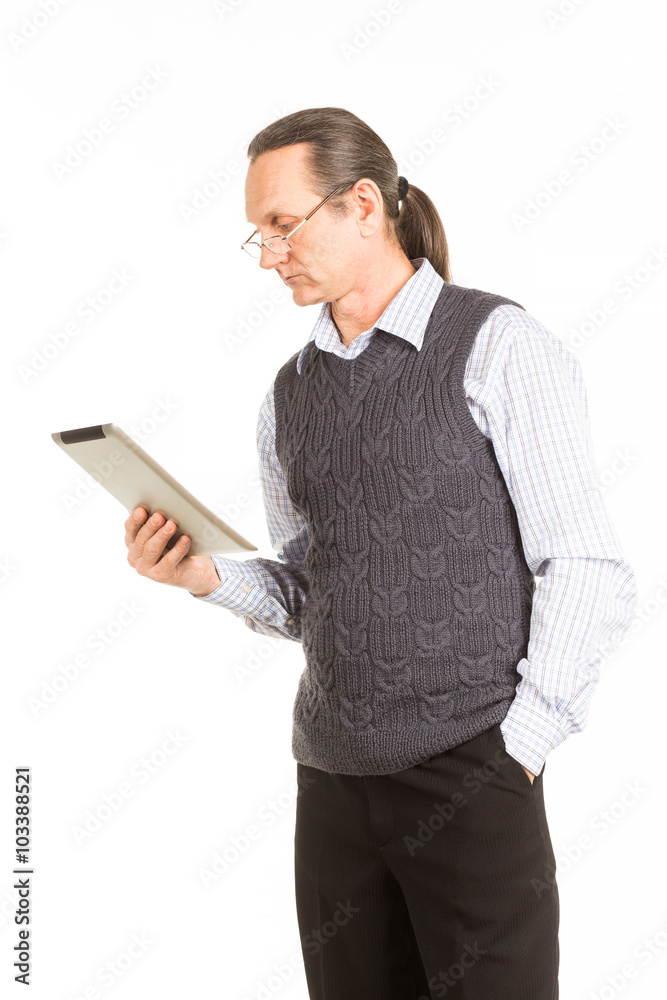 Handsome man with the tablet manager. White background. Handsome man with the tablet manager. White background.