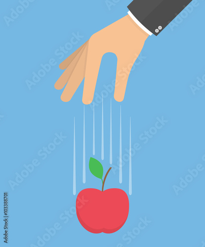 Hand dropping apple. Hand with falling apple. Gravity concept. Flat design