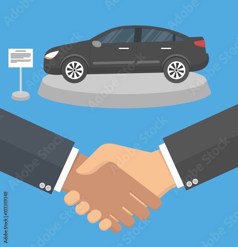 Car dealer making a deal concept. Handshake and a car on a stand in the background. Flat style design