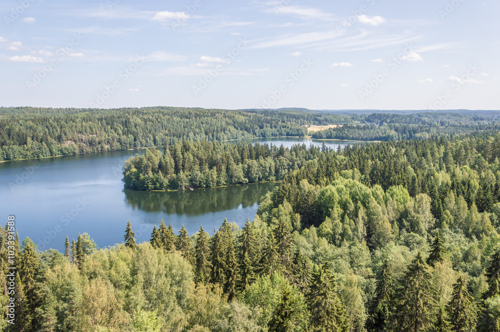 Summer landscape with forest and lake in Aulanko, Hämeenlinna.