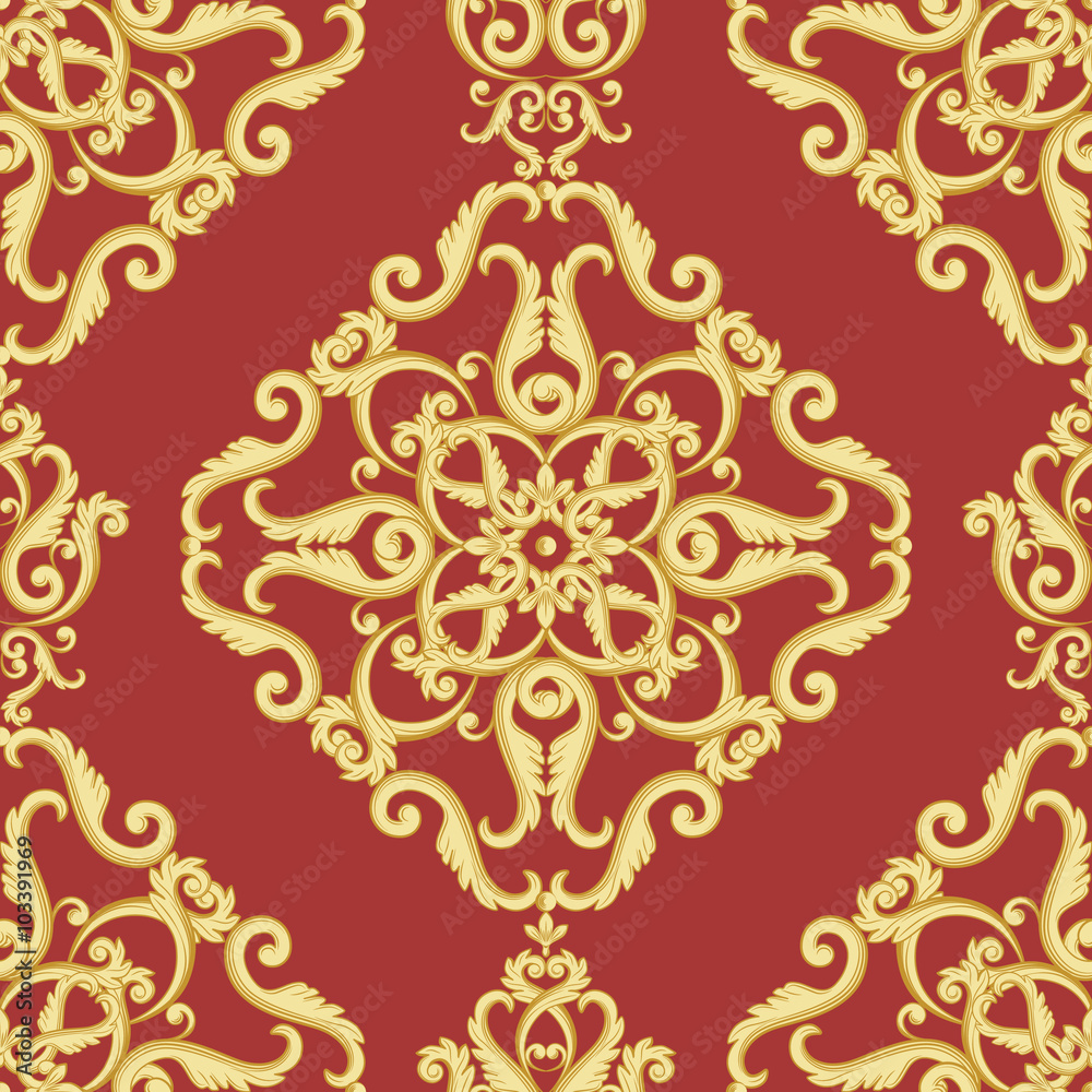 Seamless damask pattern. Gold and red texture in vintage rich royal style.  Vector illustration. Can use as background for birthday card, wedding  invitations, textile print, wallpaper, wrapping paper Stock Vector | Adobe