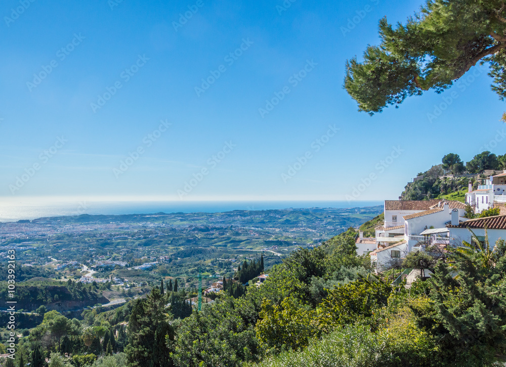 View of the mountain slope over the Fuengirola city to the Mediterranean Sea, Mijas.