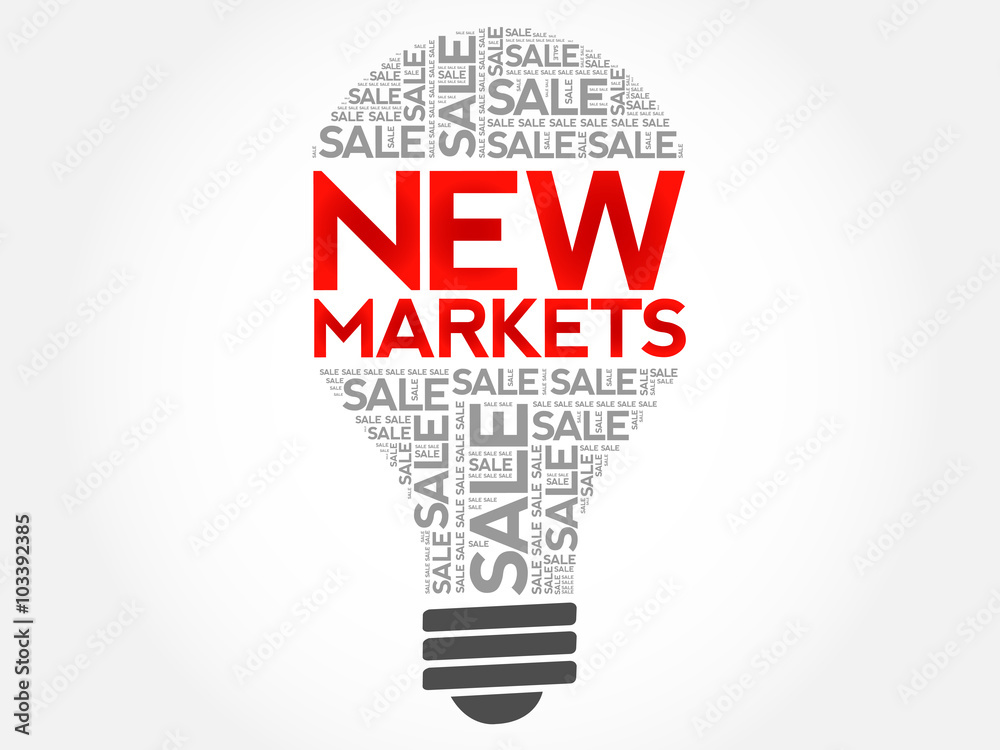New Markets bulb word cloud, business concept background New Markets bulb word cloud, business concept background