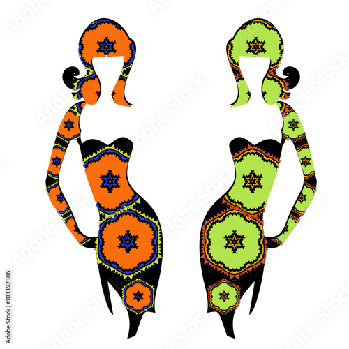 Women elegant silhouette in the dress of pieces type patchwork