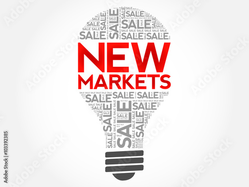 New Markets bulb word cloud, business concept background