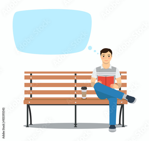 Young man reading book on the bench.  Rest and outdoor quiet time. Vector illustration. Speech bubbles