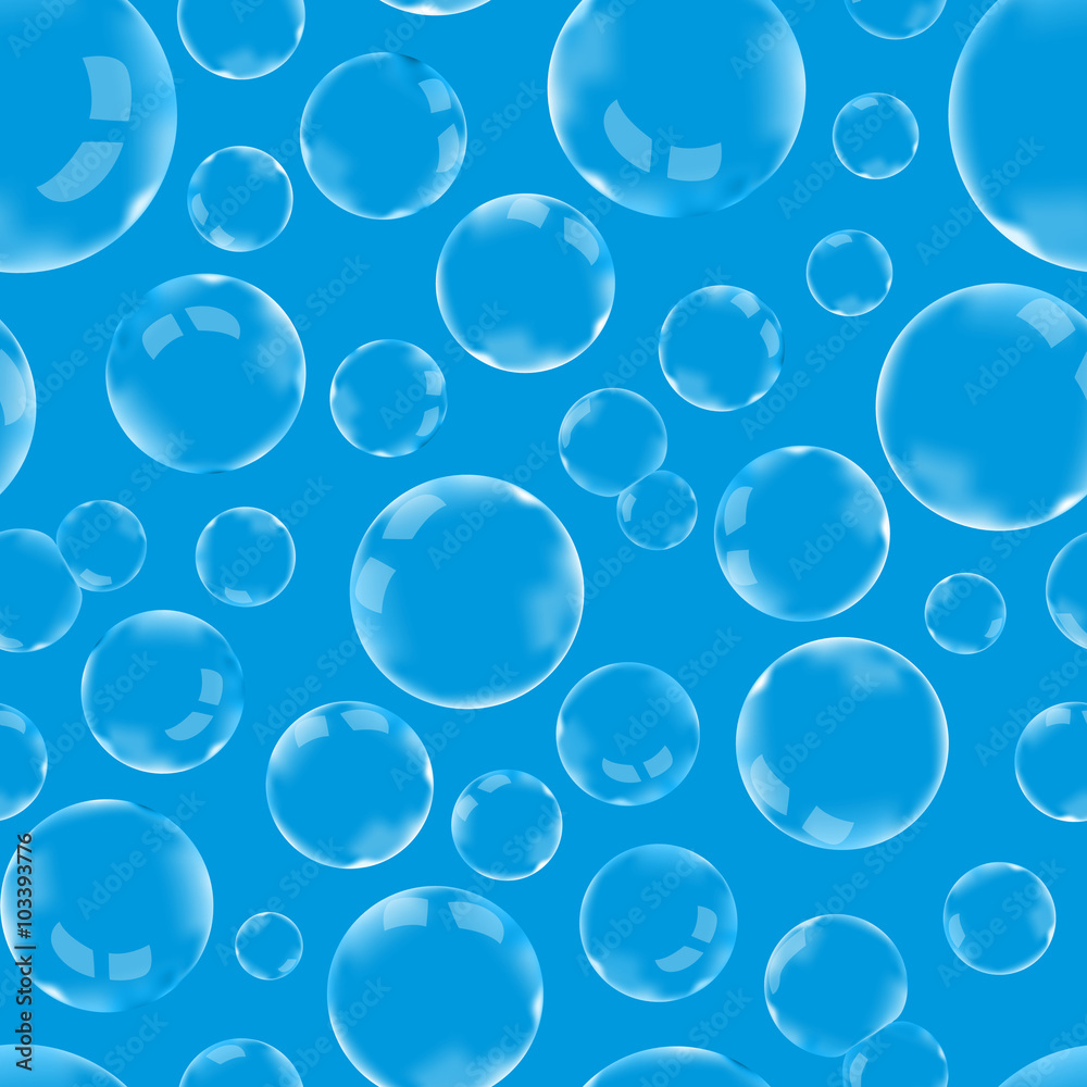 Many of soap bubbles on blue, seamless pattern