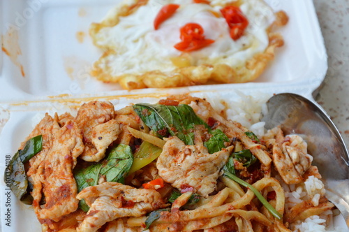 stir-fried bamboo shoot with chicken curry in foam box for easy lunch