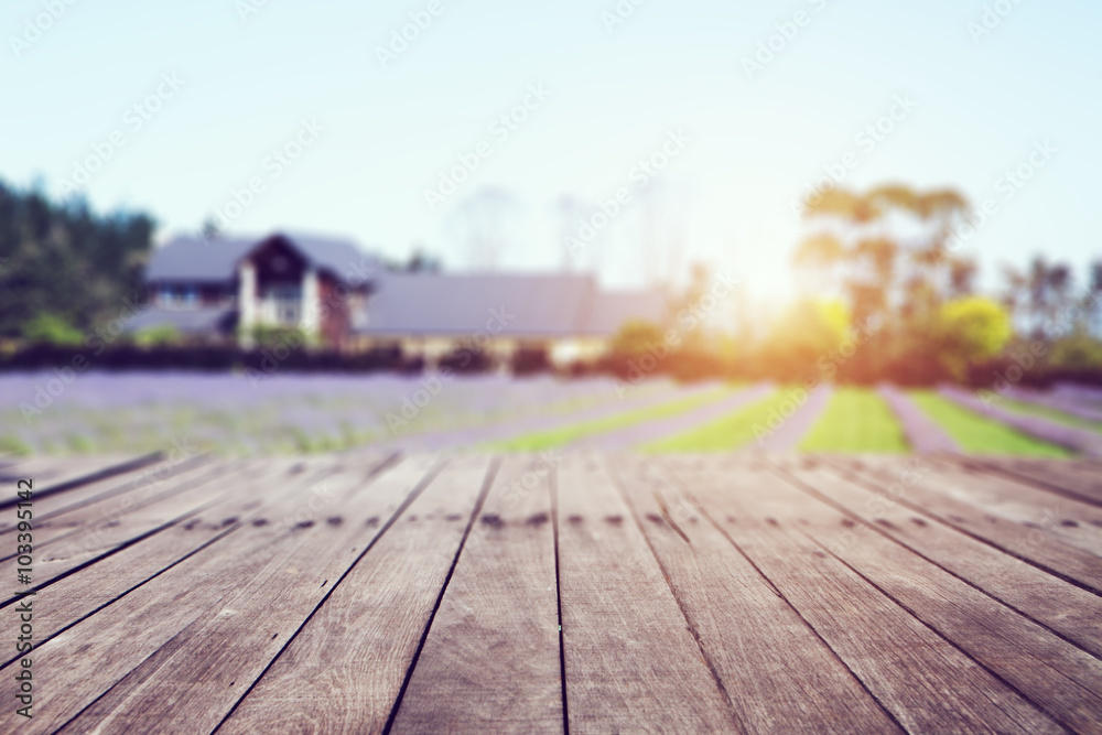 old wood floor in front of landscape of countryside old wood floor in front of landscape of countryside