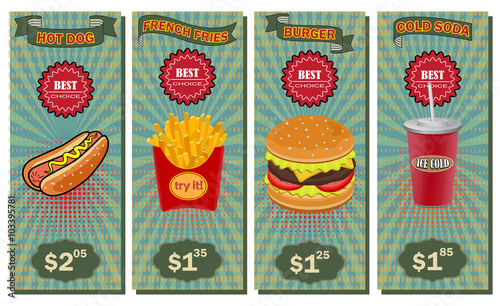 Vector Fast Food vertical banners set. Restaurant and hamburger, burger lunch snack, soda and hot dog illustration
