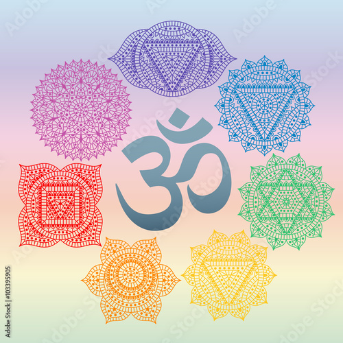 Set of seven chakras and symbol OM in the centre. Oriental ornaments for henna tattoo and for your design. Buddhism decorative elements. Vector illustration.