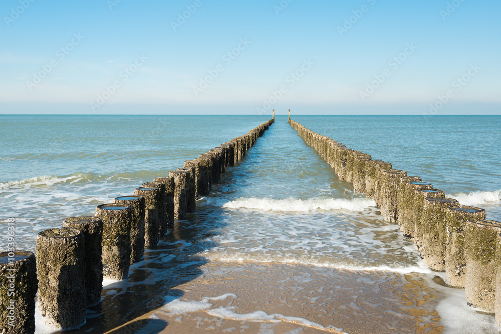 Fototapeta premium Between the two rows of poles of the breakwater