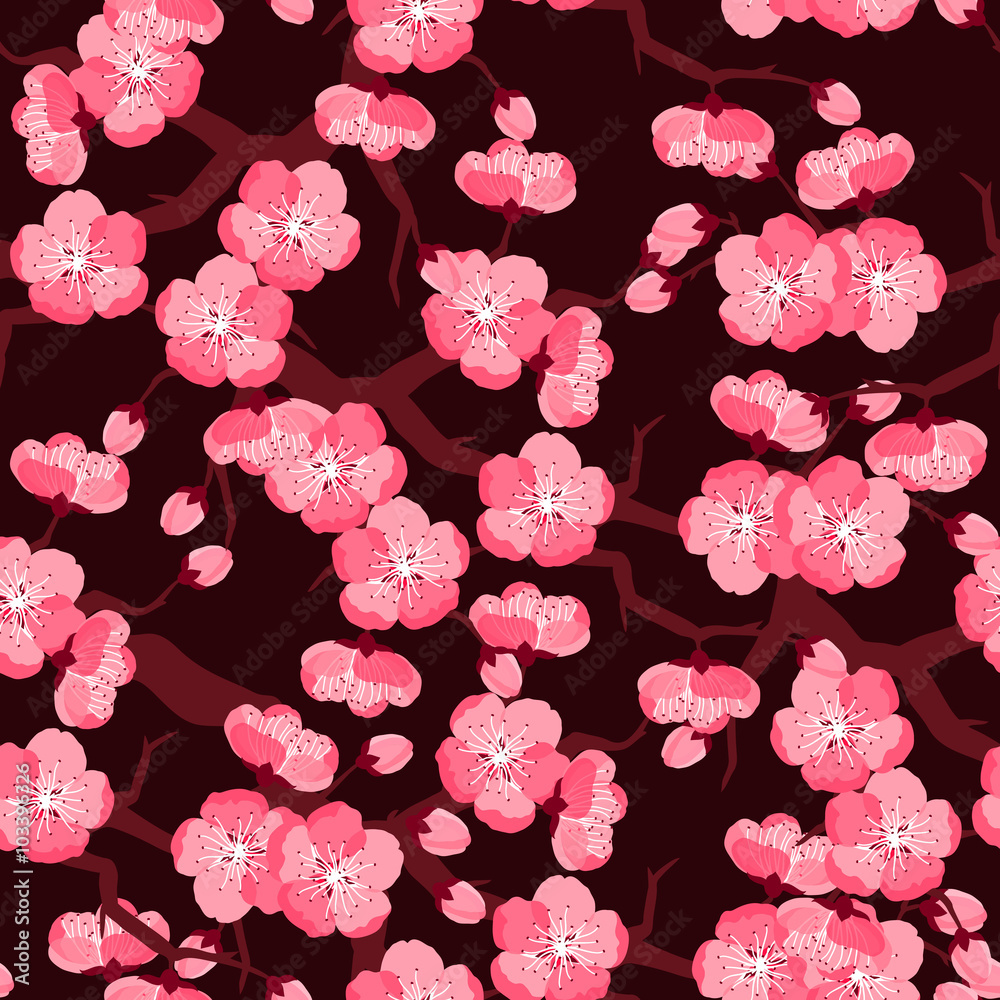 Naklejka premium Japanese sakura seamless pattern with stylized flowers. Background made without clipping mask. Easy to use for backdrop, textile, wrapping paper