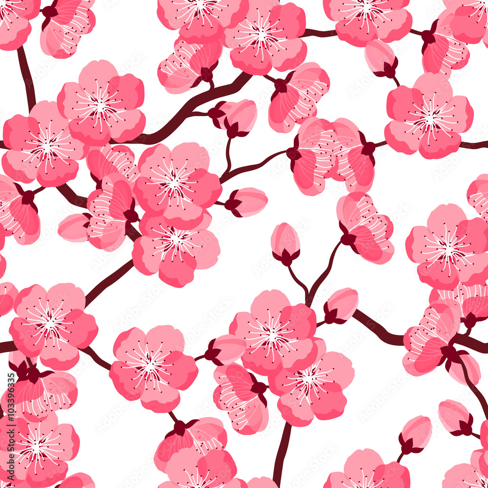 Naklejka premium Japanese sakura seamless pattern with stylized flowers. Background made without clipping mask. Easy to use for backdrop, textile, wrapping paper