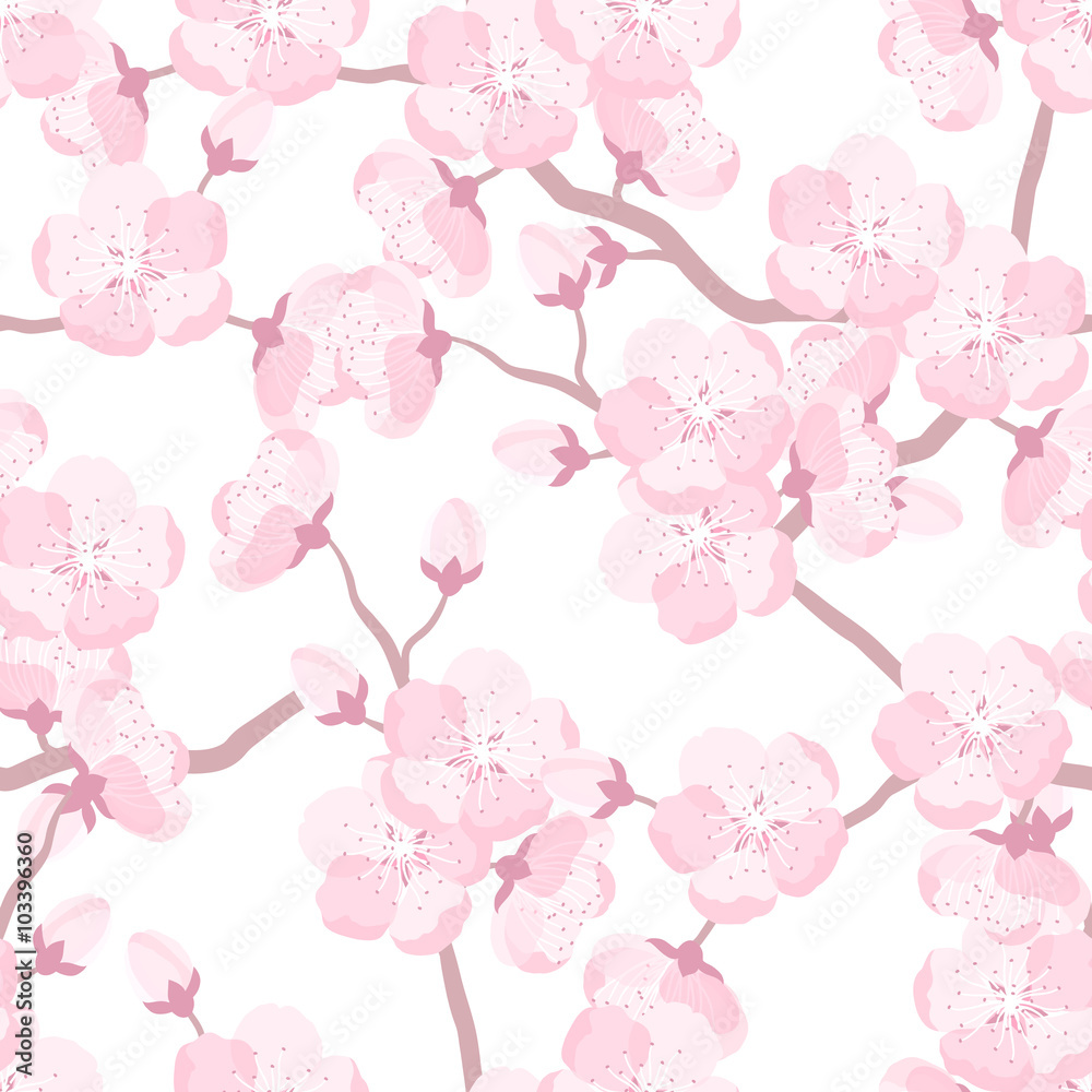 Obraz premium Japanese sakura seamless pattern with stylized flowers. Background made without clipping mask. Easy to use for backdrop, textile, wrapping paper