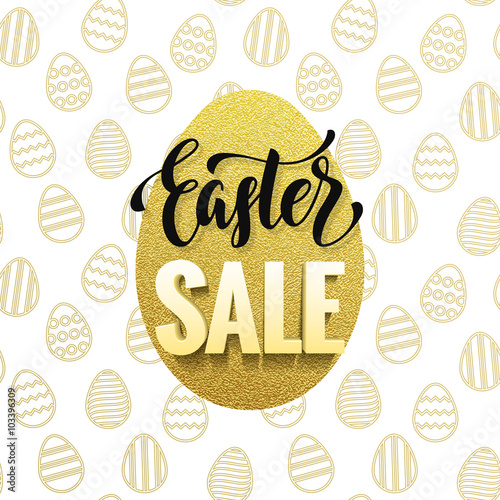 Easter poster gold egg with calligraphy and seamless pattern background