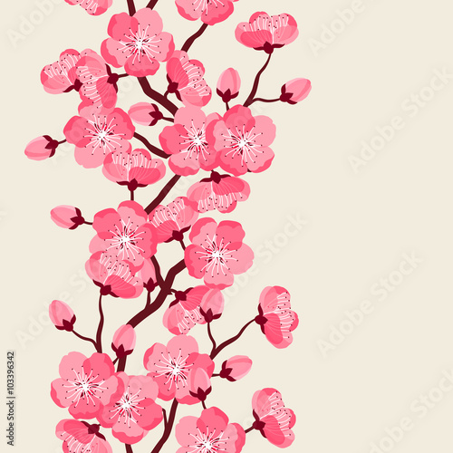 Japanese sakura seamless pattern with stylized flowers. Background made without clipping mask. Easy to use for backdrop, textile, wrapping paper