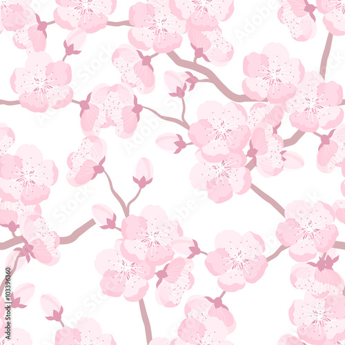 Japanese sakura seamless pattern with stylized flowers. Background made without clipping mask. Easy to use for backdrop, textile, wrapping paper