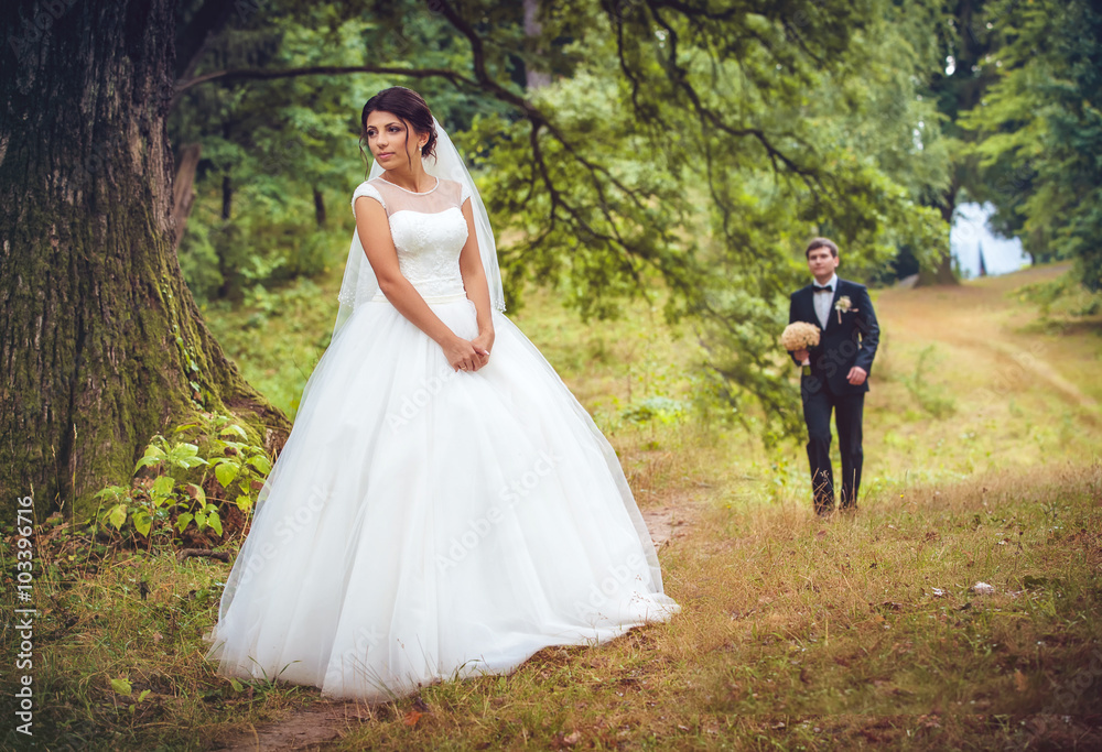 Wedding shot of bride and groom in park