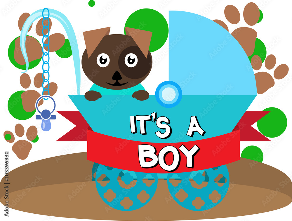 Naklejka premium It's a Boy - Shower card with baby dog in a stroller