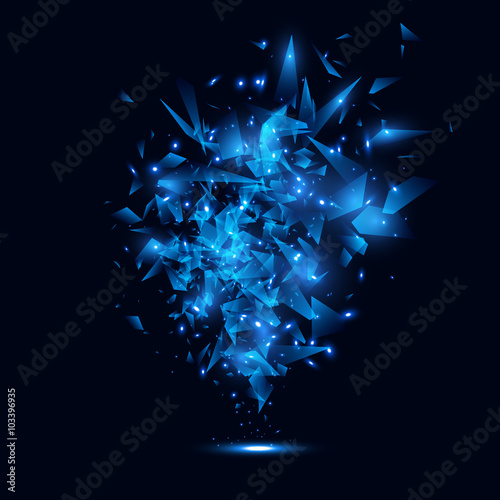Blue techno style vector explosion. Abstract polygonal explosion banner.