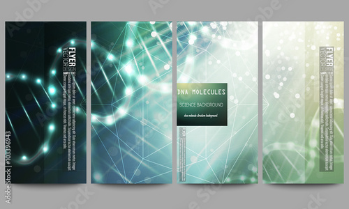 Set of modern flyers. DNA molecule structure on dark green background. Science vector background