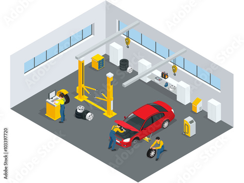 Auto mechanic service. Service station. Flat icons of maintenance car repair and working.  Isolated flat 3d vector isometric illustration