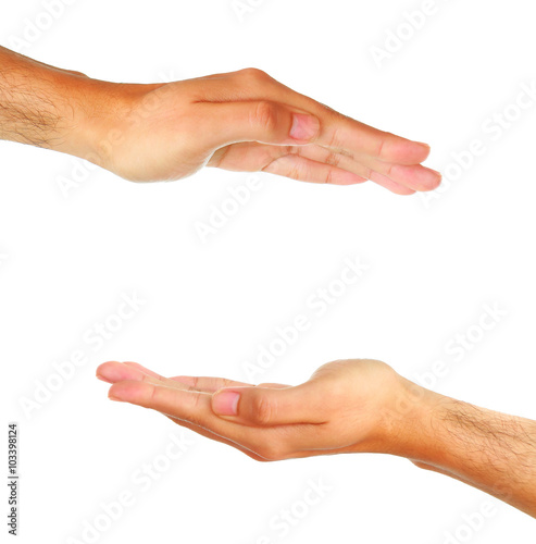 Two man hands isolated on white background.