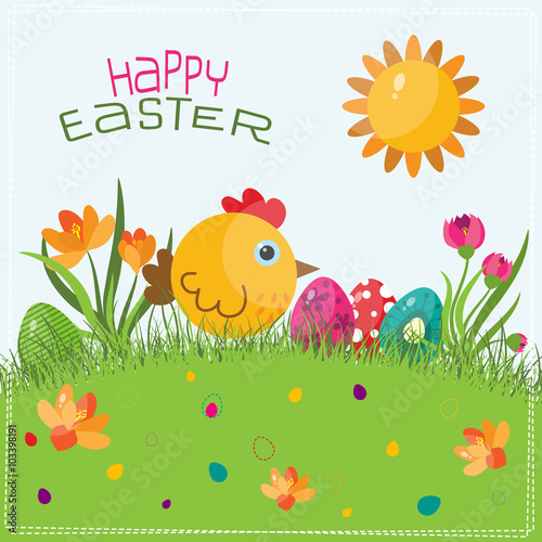 Template Easter greeting card, chick, vector