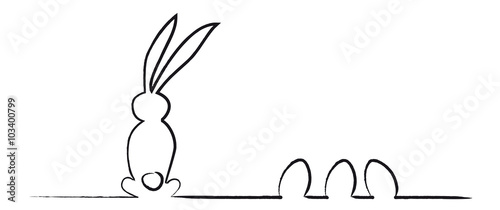 Frohe Ostern - Osterhase von hinten als Silhouette mit drei Ostereiern 